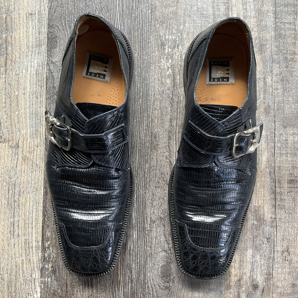 David Eden YUMA Mens Size 11 Genuine Crocodile Teju Lizard Dress Shoe Black Monk - Picture 6 of 16
